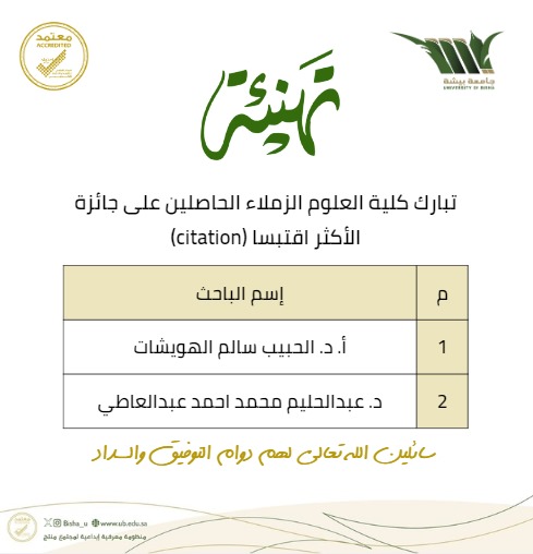 كلية العلوم تهنئى الزملاء الحاصلين على جائزة الأكثر إقتباسا